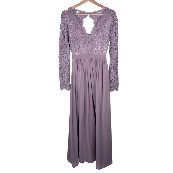 LULUS AWAKEN MY LOVE DUSTY LAVENDER LACE LONG SLEEVE CHIFFON MAXI DRESS - Picture 3 of 14